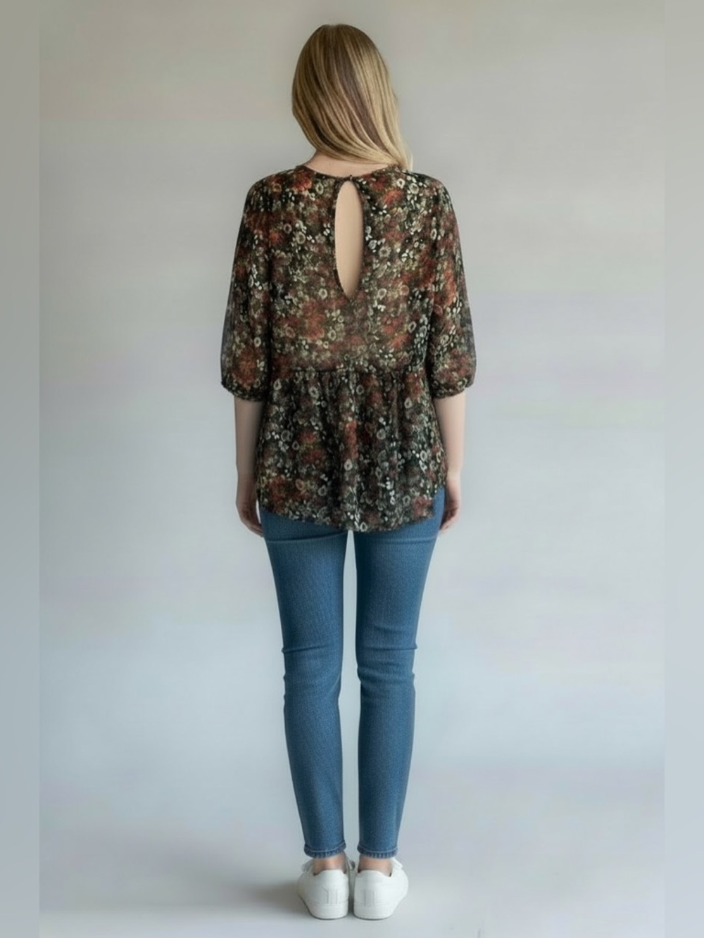 Full Tilt Floral Sheer Hi-Low Boho Style Top/Blouse Back Opening/Cutout Size M - Picture 11 of 13